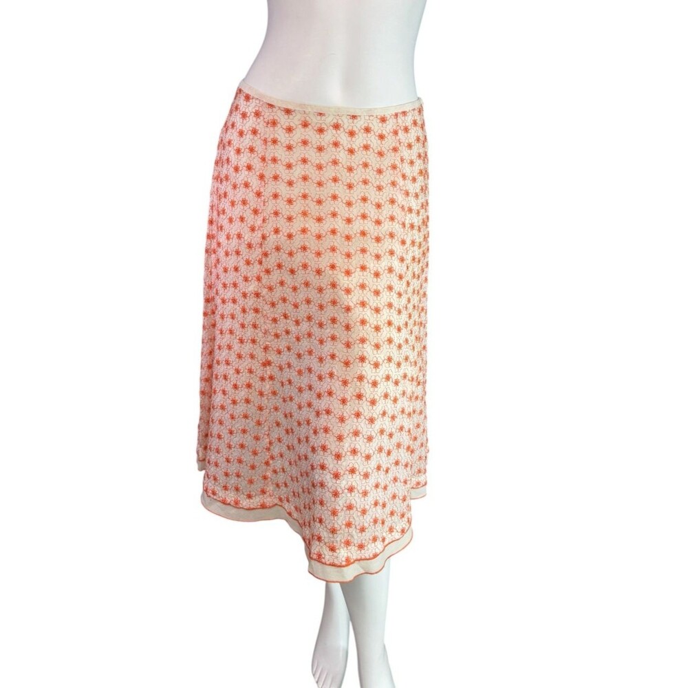 Johnny Was White & Orange Embroidered Flowers Midi Floral Skirt $285 Size 2
